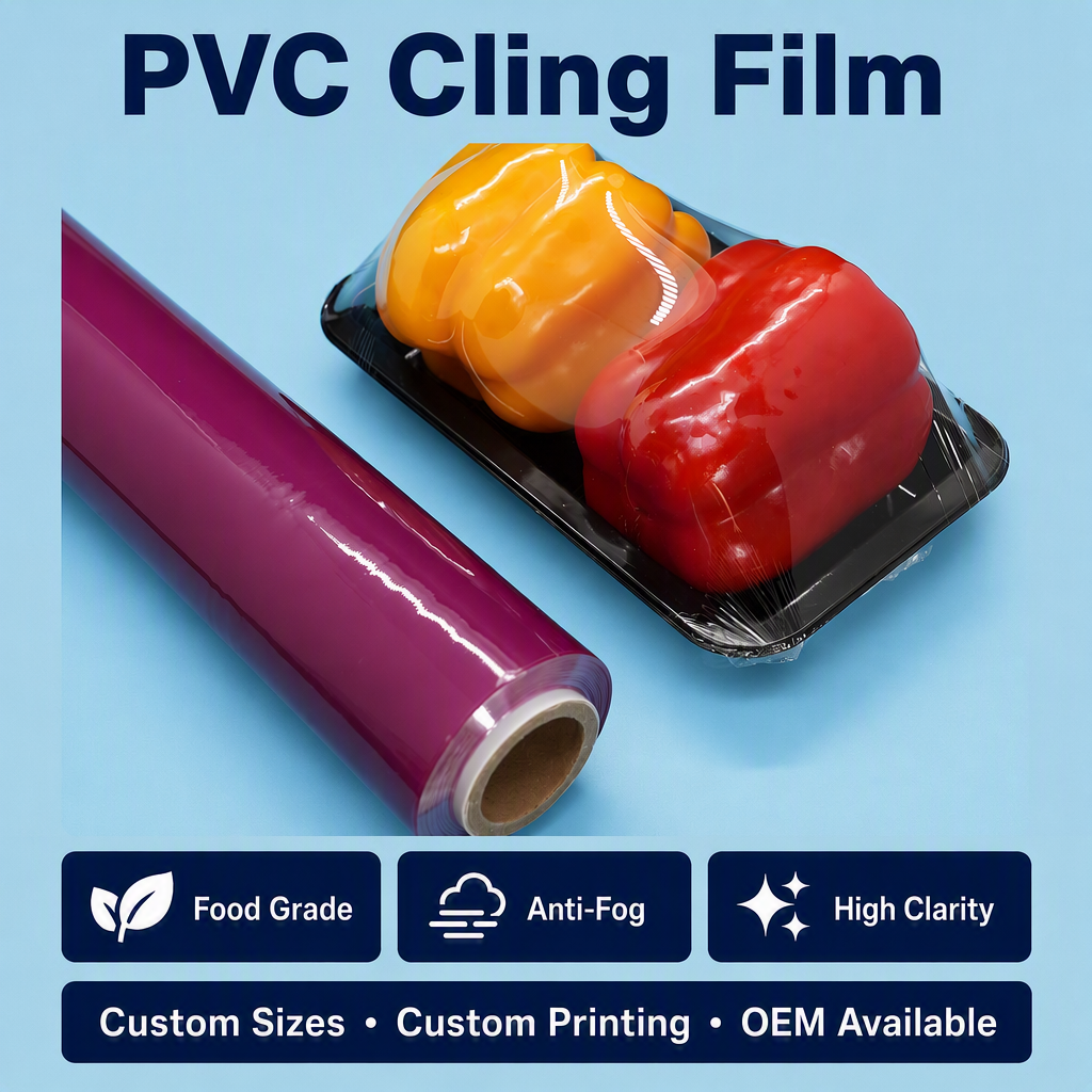 紫色ソフト防曇 PVC 食品ストレッチ フィルムしがみつくフィルム食品包装用ジャンボ ロール