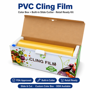 カッターボックス付きPVC食品グレード粘着フィルム |食品の新鮮さを保つための100% BPAフリーのキッチン用プラスチックラップ